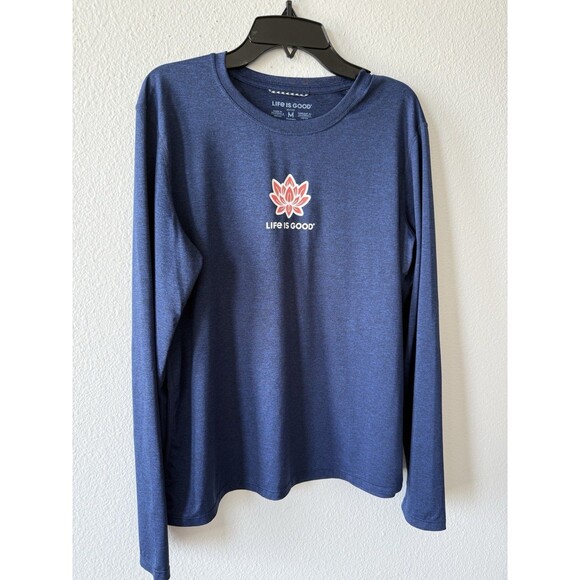Life Is Good Active T-Shirt Women's Sz M Navy Blue Long Sleeve Logo Crew Neck - Picture 1 of 5
